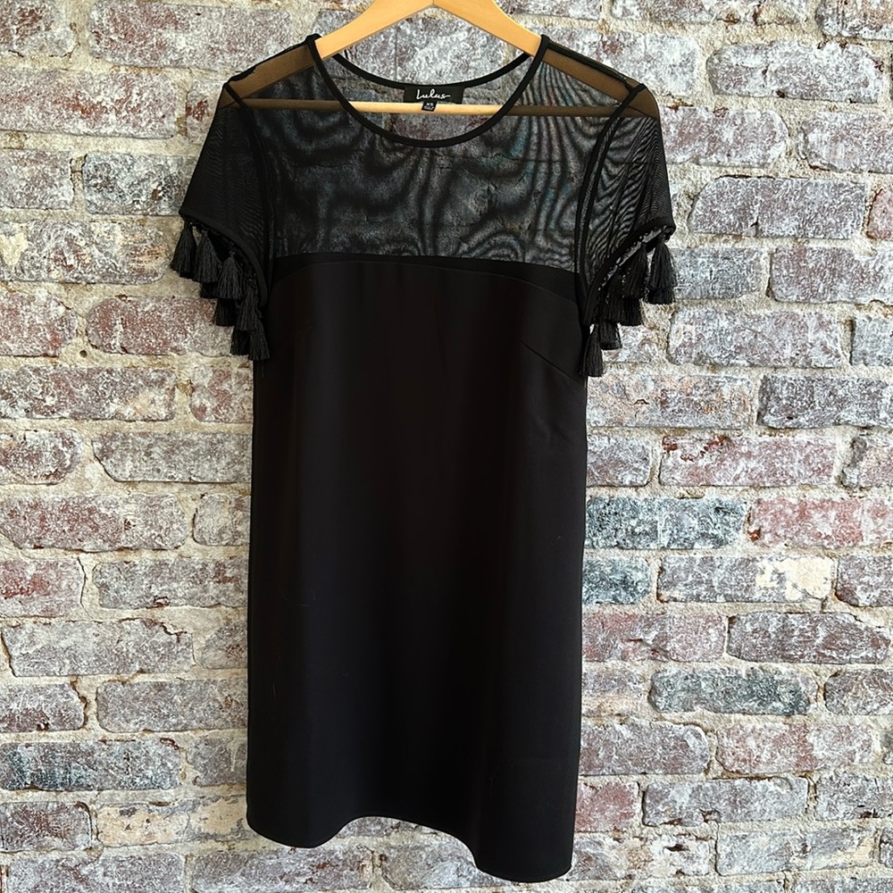 Lulus Black Short Sleeved Dress Mesh Shoulders and Sleeves with Tassel Detail